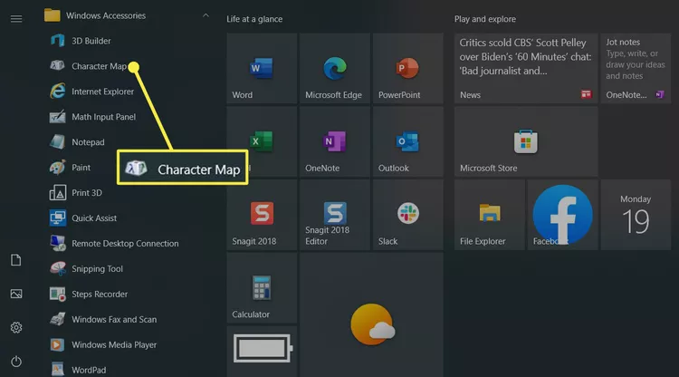 Character Map in the Windows Start menu