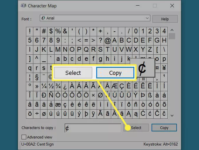 Select and Copy the cent sign in the Windows Character Map