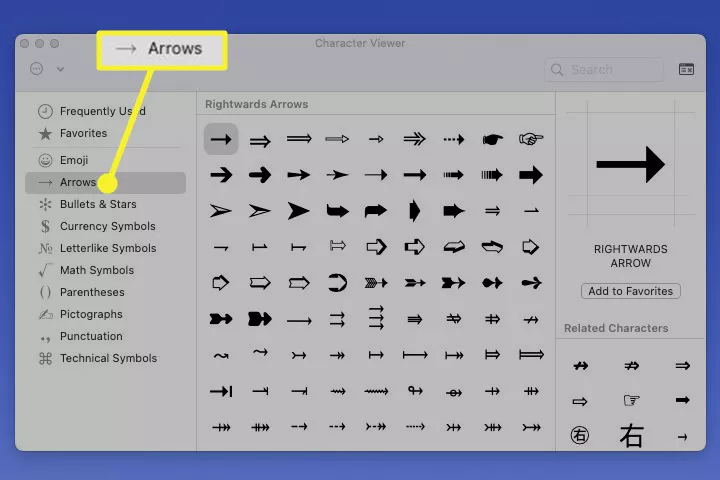 Arrows in the Mac Character Viewer