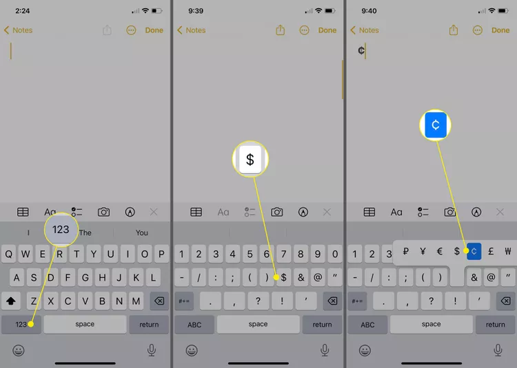 123 button, Dollar Sign, and Cent sign in the dollar sign toolbar on iPhone keyboard