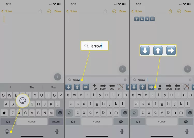 Emoji key, search box, and arrows in the iPhone emoji keyboard