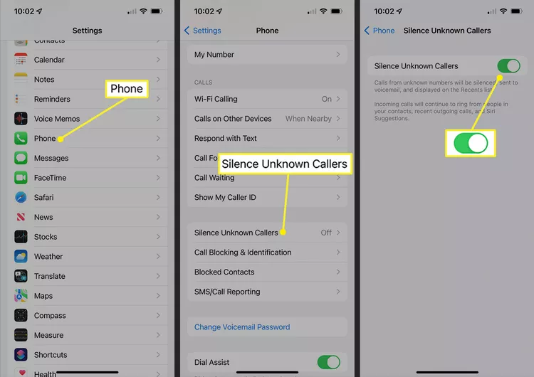 iPhone Settings to Silence Unknown Caller when blocking no caller ID