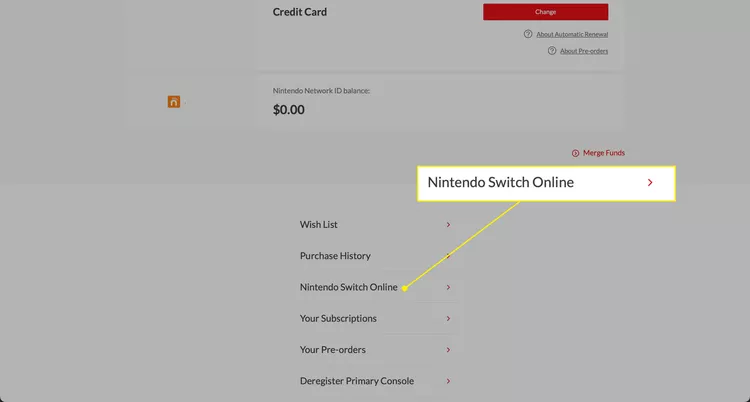 Nintendo Switch Online option on Nintendo Account Shop menu