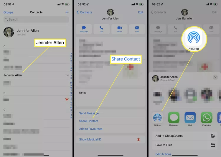 Steps required on iPhone to AirDrop a contact to Mac.