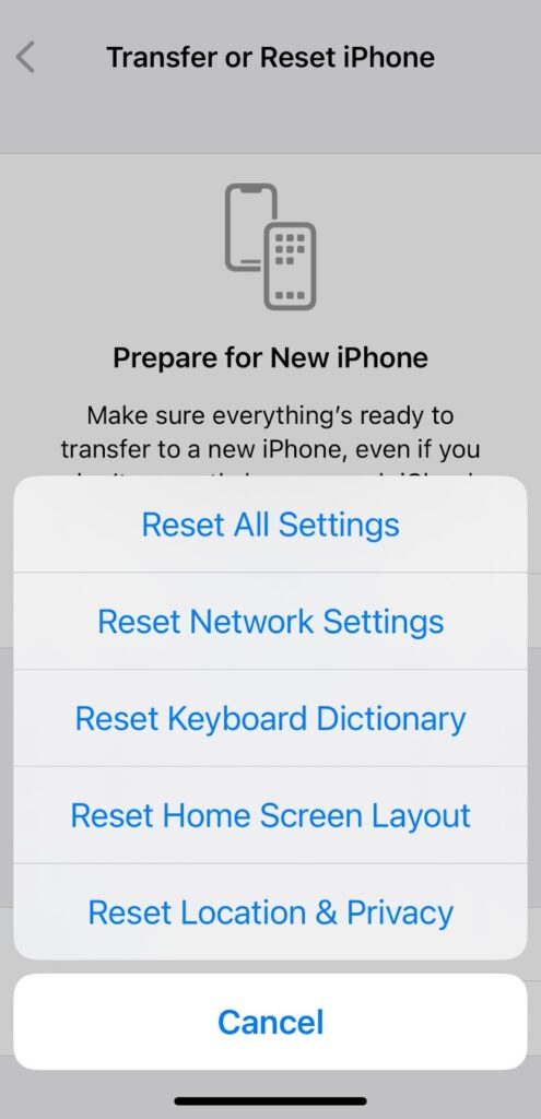reset network settings iphone