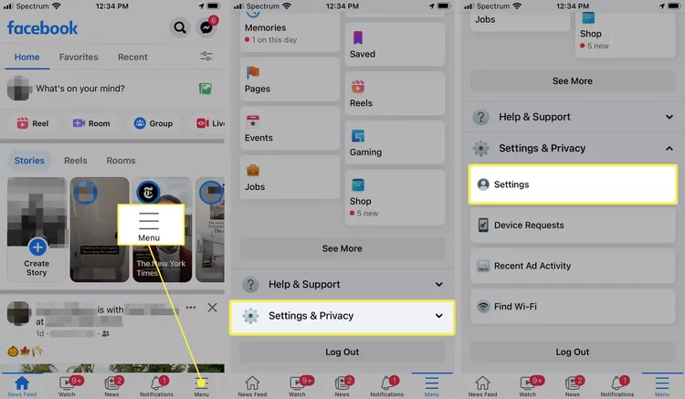Facebook - select menu icon, Settings & Privacy > Settings