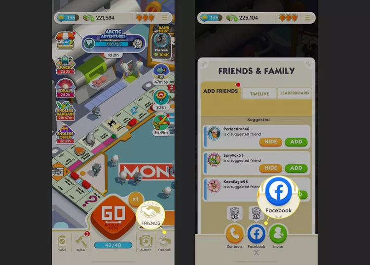 Two screens of the Monopoly Go game. The left screen has the Friends button highlighted and the right screen has the Facebook button highlighted.