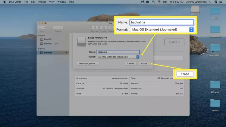 A screenshot of erasing a USB drive on macOS.