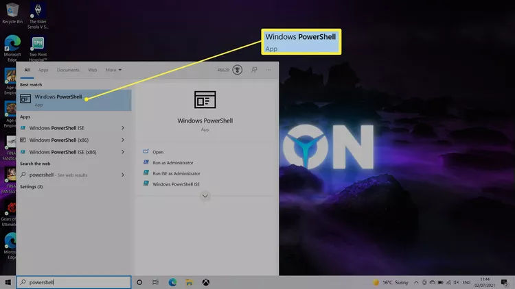 Windows PowerShell highlighted in search bar results 