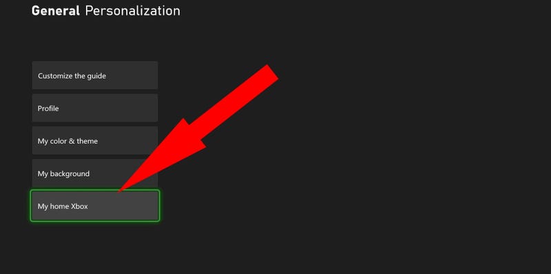 Xbox One’s personalization settings, with the “My home Xbox” option highlighted.